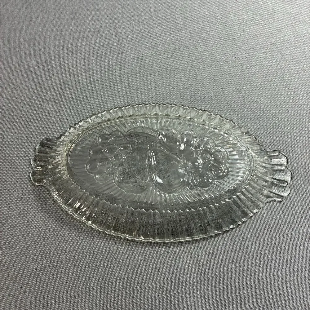 Vintage Clear Pressed Glass Relish Tray Fruit Pattern Oval Serving Dish 9.5 Inch